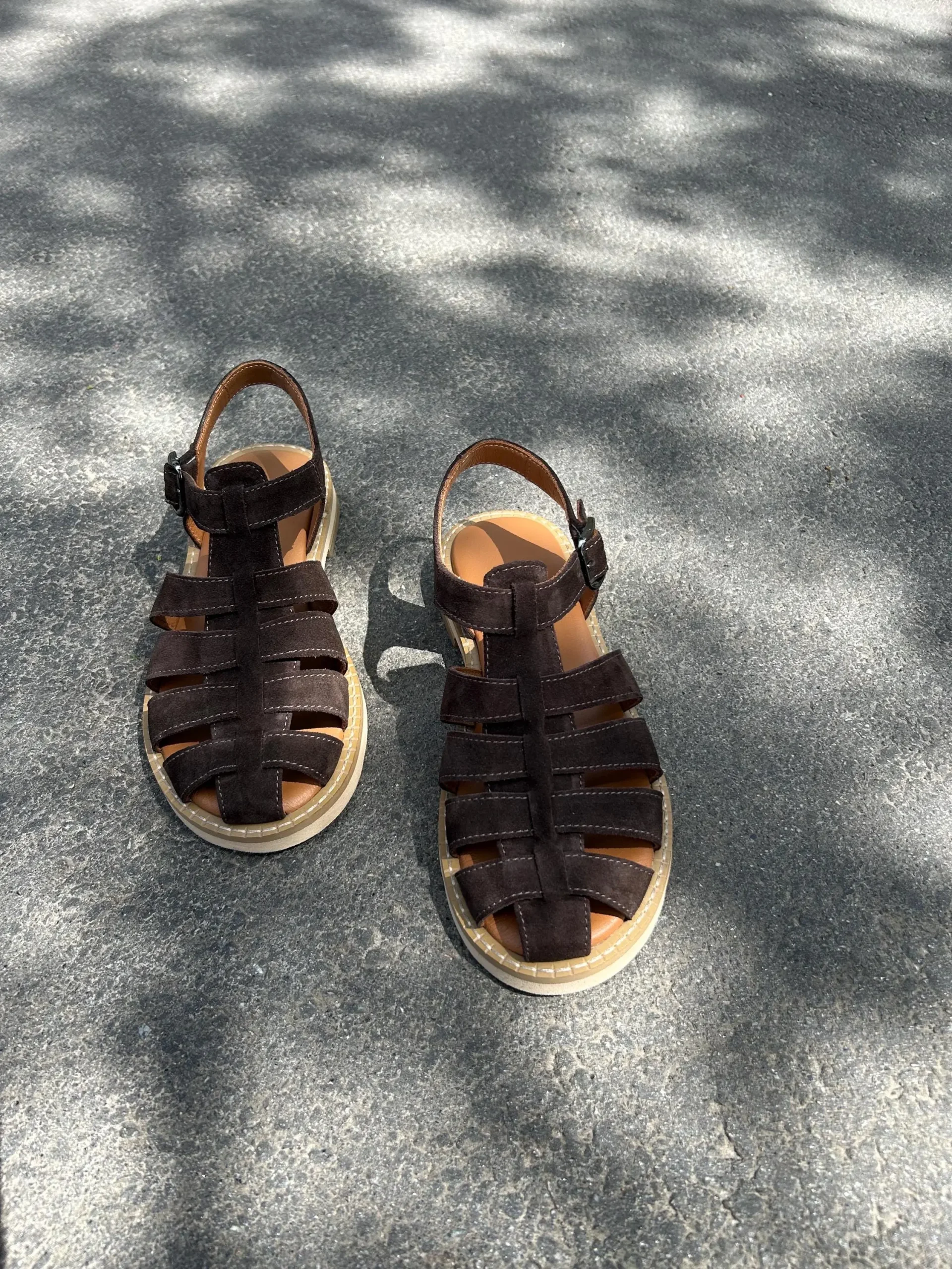 Women's Brown Suede Fisherman Sandals: Closed Toe Leather Straps