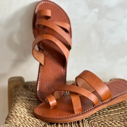 Women’s Brown Toe Loop Cross Strap Sandals